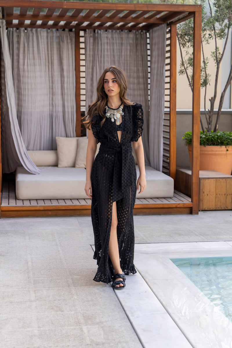 Sleeveless Black Eyelet Ruffle Cotton Maxi