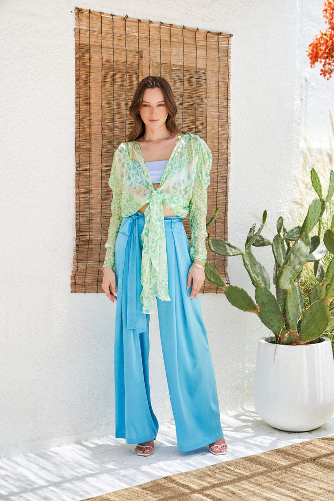 Aqua Charmeuse silk pants, Butterfly resort lightweight chiffon top, villa, sunshine, luxury