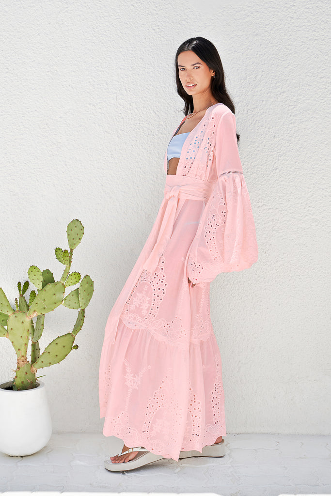 we are LEONE peach cotton maxi luxury cover up, beach style, wear over jeans, holiday ready, premium fashion