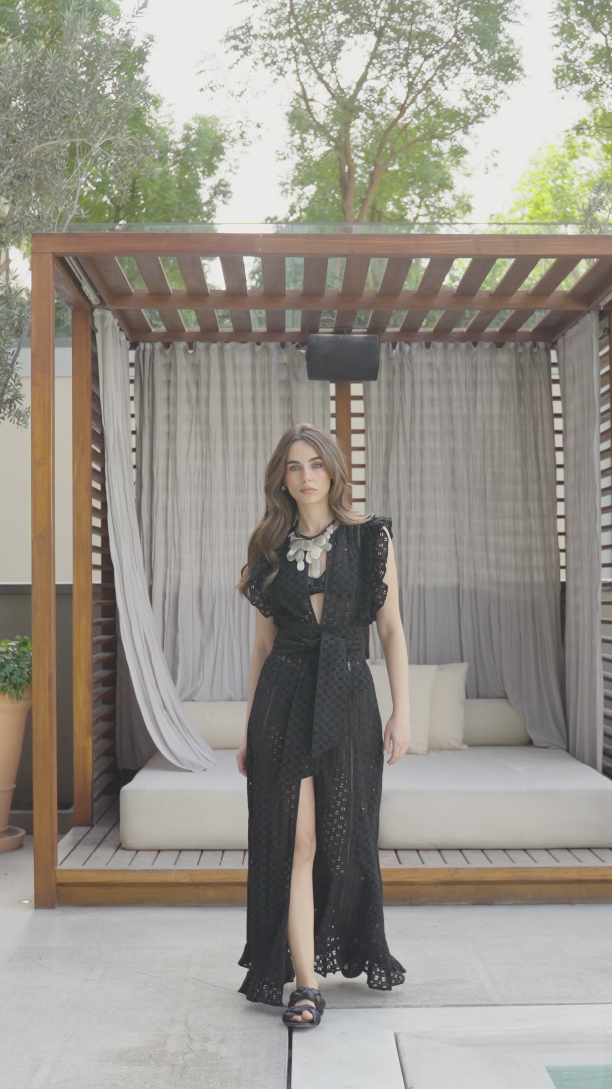let me be sleeveless ruffle maxi dress Sleeveless Black Eyelet Ruffle Cotton Maxi
